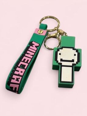Minecraft Green Pixel Cross Keychain with Wrist Strap